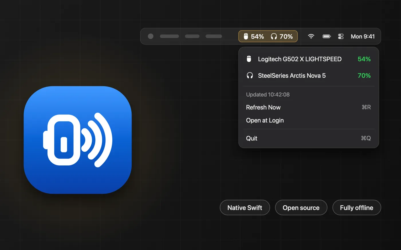 A macOS menu bar showing a mouse at 54 percent and a headset at 70 percent, with its dropdown listing both devices, beside the app's blue dongle icon