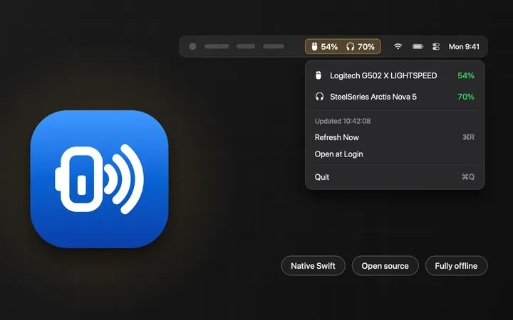 A macOS menu bar showing a mouse at 54 percent and a headset at 70 percent, with its dropdown listing both devices, beside the app's blue dongle icon